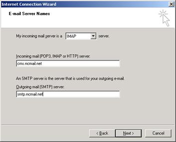 Server Type = IMAP Incoming mail server =