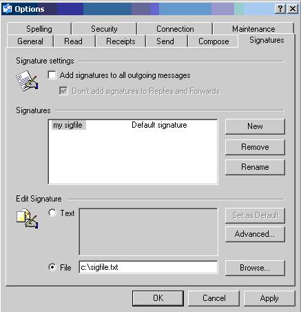 After the signature file is selected click check box This will place your signature file on your outgoing emails. If you have more than one account setup in outlook express Click on Advanced tab.
