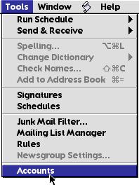 Configuring Outlook Express (MAC)for IMAP From the Tools menu, select Accounts.