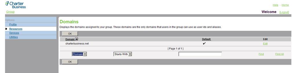 Figure 16 Group Domains 1) On the Group Profile menu page, click Domains. The Group Domains page appears. This page is a list page.