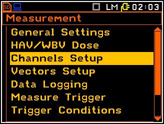 5.3 Setting parameters in a channels Channels Setup The Channel x position enables the user to assign the axis of three-axial accelerometer for the specific channels, switch on or off channels or