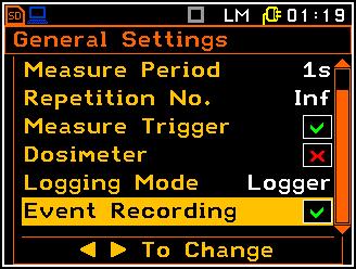 4 Event recording setup Event Recording The Event Recording position appears only in Advanced Mode (path: <Menu> / Auxiliary Setup / Instrument