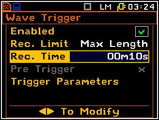 The position Enabled switches on/off the Wave Trigger. In the Rec. Limit position it is possible to select the time of signal recording after triggering.