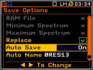 Controlling the measurement results savings Using the Auto Save one can set the self-saving of the measurement results with automatic number increment (Number) or to switch it off (Off).