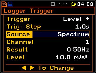 The spectrum saving in the logger file can be activete for each channel in the appropriate window (path: <Menu> / Measurement / Data logging / Logger Results / 1/1 Octave or 1/3 Octave ).