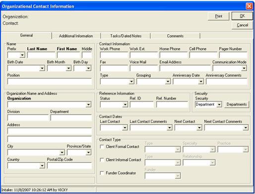 3. Select Organizational Contact. 4. Click Yes. The Organizational Contact Information window displays. 5.