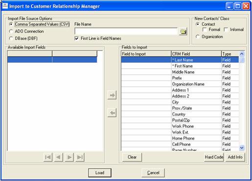 2. From the Main menu, select Import. The Import to Customer Relationship Manager form displays. 3. In the Import File Source Options section, select the format of your file. 4.