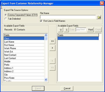4. From the Main menu, select Export Selected Contacts. The Export from Customer Relationship Manager window displays. 5.