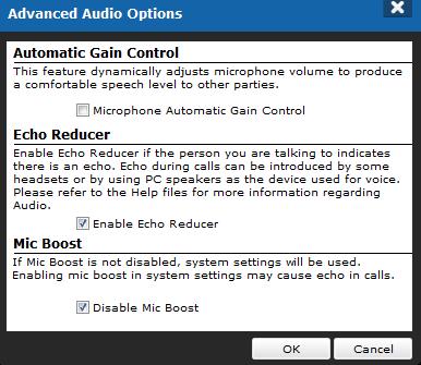 Specifying advanced audio options 1 To specify advanced options for Automatic Gain Control, Echo Reducer, and Mic Boost, click Advanced Options to display the Advanced Audio Options dialog box.