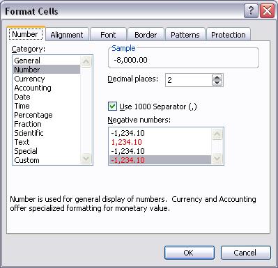 Number Sample a preview of the cell Number of Decimal places 1000 separator (,) Tick here when you wish to display 1000 units as 1,000.