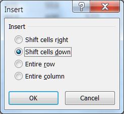 By default, the option box has the shift cells down option selected. The dialog box also allows you to insert a row or a column in a worksheet.
