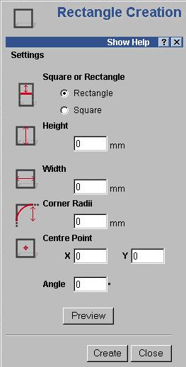 The rectangle creation page appears, showing the options available. The rectangle can be created by clicking in the screen and dragging to a size, or by entering in the values.