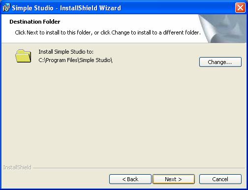 4 The Simple Studio setup screen appears. Click the Next button. 5 The select destination folder screen appears.