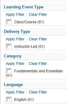 Search by for classes by Category, using filters to narrow down