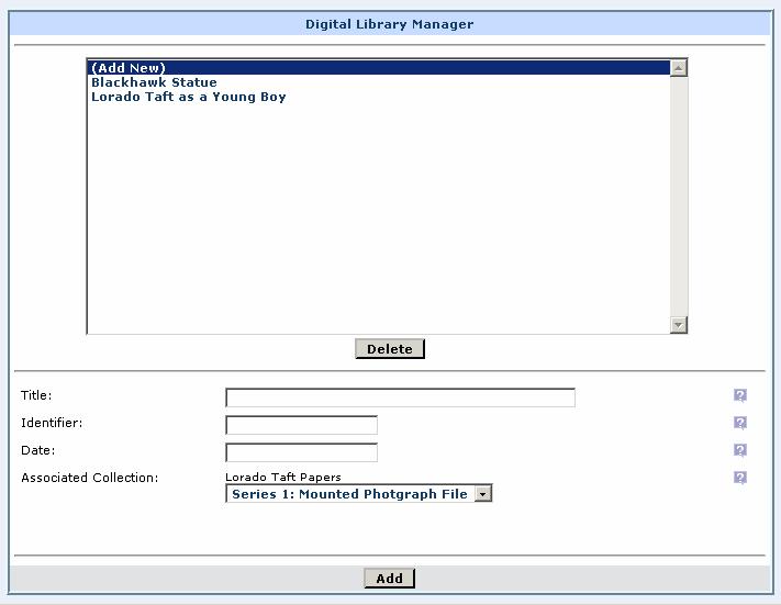 This box shows existing digital content (if any) linked to the collection. Click an item upload a digital object, to provide additional metadata, or link to an external resource.