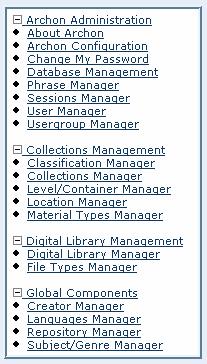 Clicking at item in the left navigation bar will load the selected module (e.g. Collections Manager, Location Manager, etc.