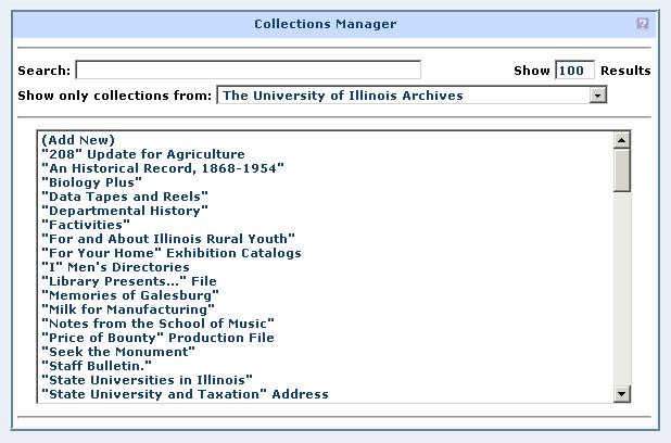 The value typed here will filter the master list of collections by searching against the title and description fields for the value entered.