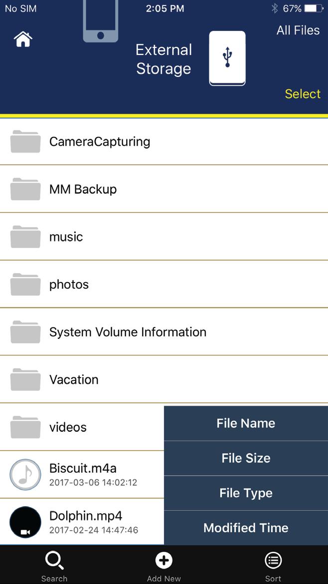 Search and sort You can easily search for files or sort files in your Internal or