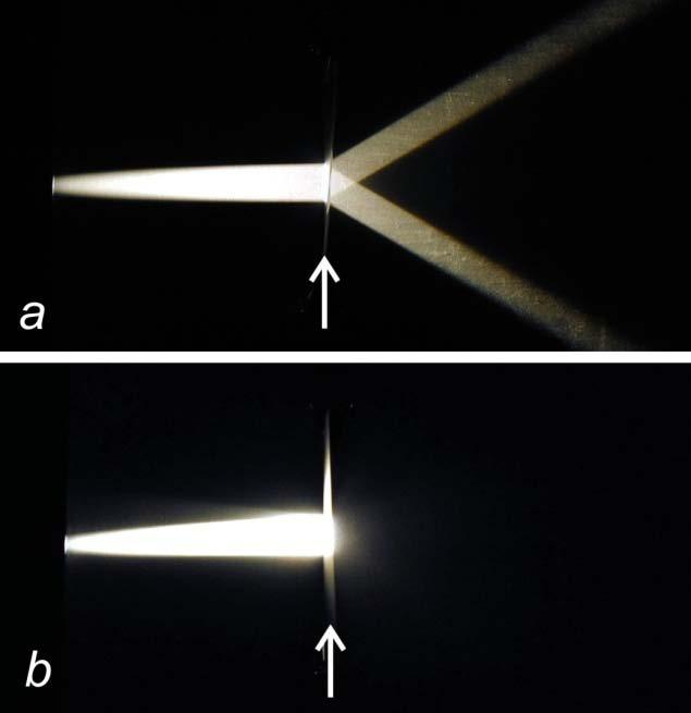 Parallel beam of light incident perpendicularly to one side of the foil splits symmetrically into two outgoing beams at angles of about 30º with respect to normal (Figure a).
