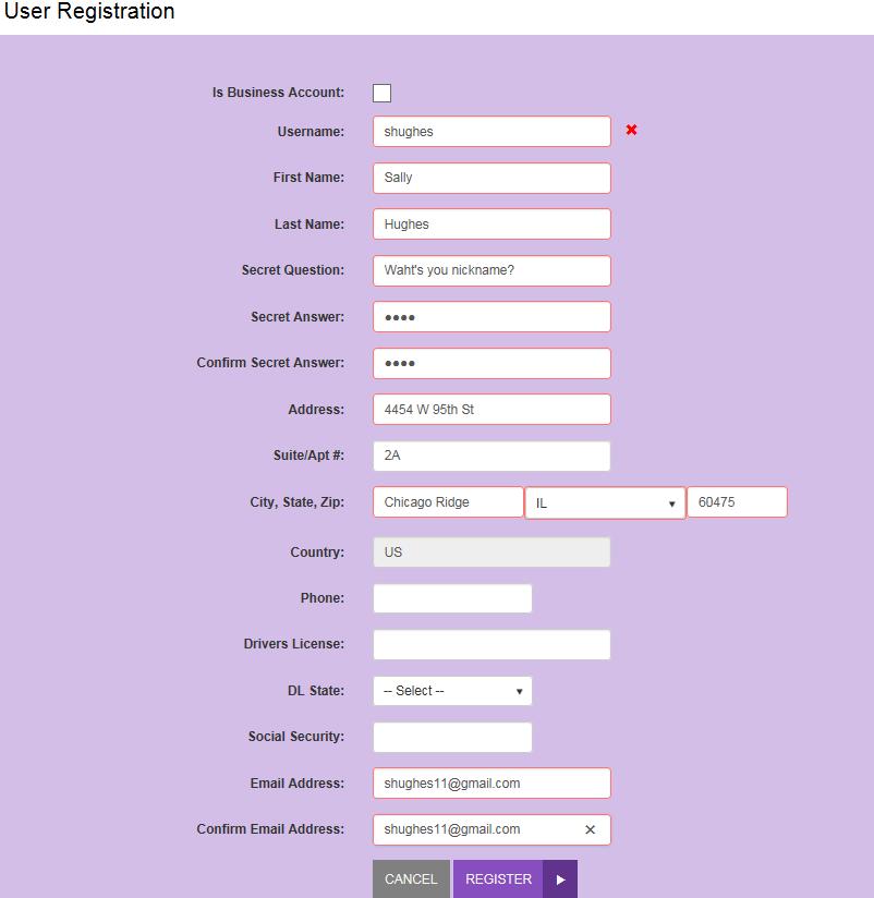 FIGURE 12 - USER REGISTRATION FOR AN INDIVIDUAL 4. Fill in all of the required fields, (designated by a red mark in the top left corner of the fields provided) to complete registration.
