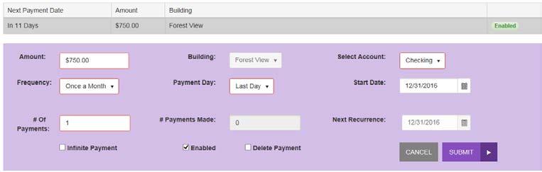 To make changes to a recurring payment, go back to the Welcome page and double-click on the recurring payment. FIGURE 51 - EDIT OPTION FOR A SCHEDULED PAYMENT 6. The Edit Recurring page appears.