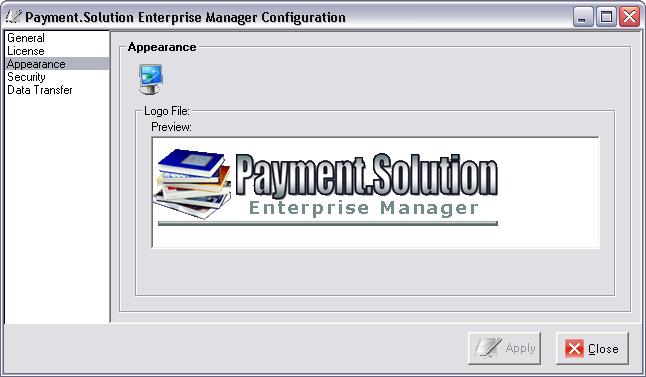 Configuration Payment.Solution Enterprise Manager Appearance LOGO FILE On the main screen of Payment.Solution-L in the upper left corner is a place for displaying the Payment.