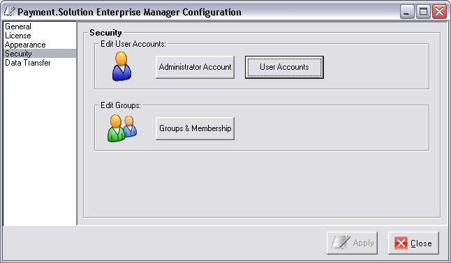 Configuration Payment.Solution Enterprise Manager Security EDIT USER ACCOUNTS - ADMINISTRATOR ACCOUNT This option allows the user to change the Administrator Account User Name and Password**.