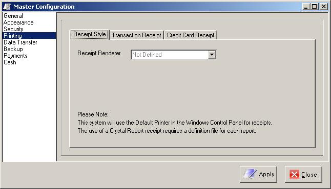 PRINTING Receipt Renderer Use Payment.Solution Generic (Recommended) Select this option if you wish to use the generic receipt printing routines which come with the Payment.Solution software.