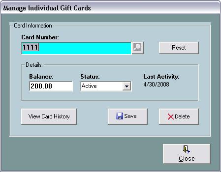 Manage Gift Cards This function is used to track, view and edit gift cards that are currently recorded in the database for the entire client network.
