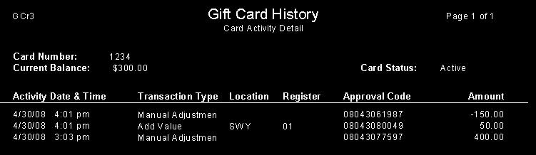 Select this function once a gift card number has been enterd in the field provided. This will search the database to locate information pertaining to the gift card number entered.