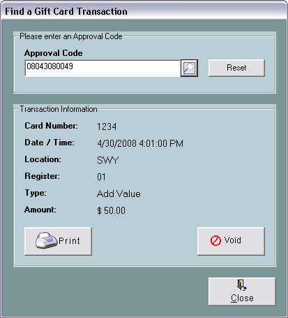 Locate Gift Card Transactions This function will allow the user to locate information for a specific gift card transaction. The user will also have the ability to void a gift card transaction.