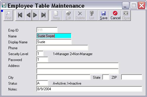 Employee Maintenance This table allows the user to create and edit employee records and assign logins to the Point of Sale. The Payment.Solution software defines users by pin number and name.