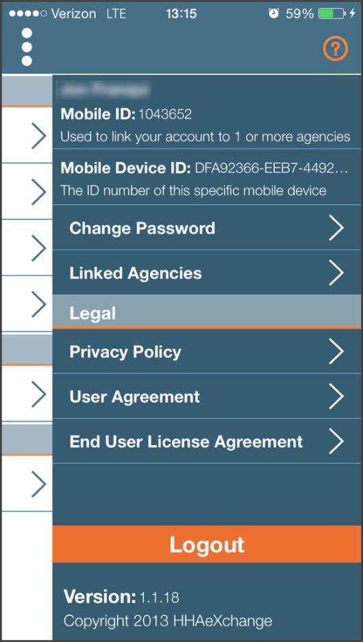 Additional Features Settings and User Agreement To change your password, see which Agencies/Offices you are linked to (and to unlink from them), review your Mobile Device ID, as well as