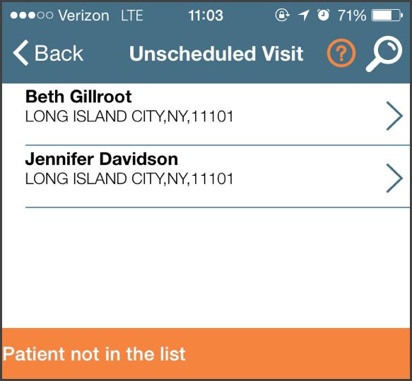 Since you cannot select a Patient using this method, EVV for an unscheduled Visit generated via the Patient not in the list function will automatically be sent to