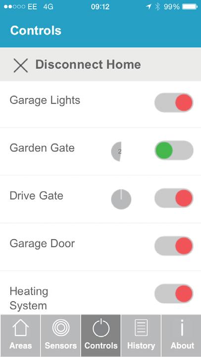Remotely control outputs The Controls menu allows easy control of wired outputs, such as: electric gates, security lights, garage doors, blinds.