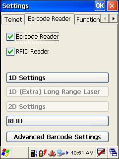 Tap the Barcode Reader tab, and you may cancel the check box to disable a reader. Configurable options associated with the specific barcode or RFID reader will be available as well.