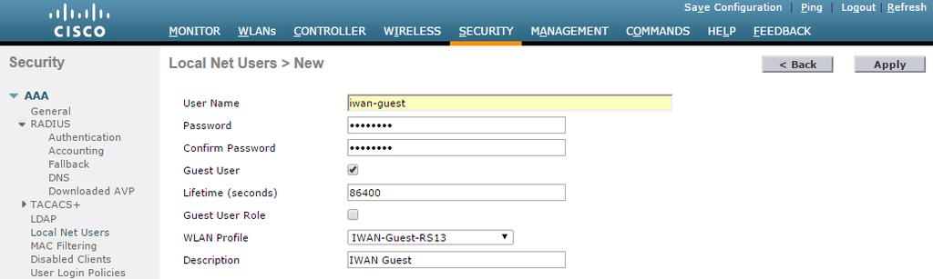 Procedure 5 Create guest users You create users that are stored in the internal database on the WLC that will be used for guest access.