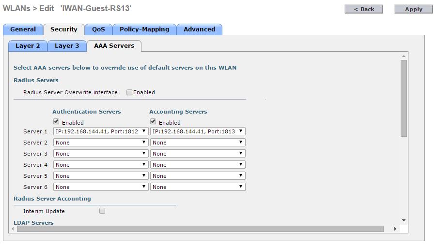 Step 8: On the AAA Servers tab, for Server 1, select the Authentication and Accounting server defined in Procedure 1, Configure WLC to