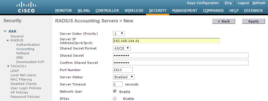 Step 8: Navigate to Security >RADIUS >Accounting, and then click New. Step 9: In the Server IP Address box, enter the IP address of the ISE server in the DMZ (Example: 192.168.144.41).