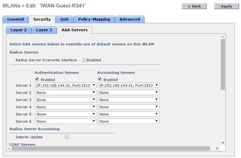 Step 8: On the AAA Servers tab, for Server 1, select the Authentication and Accounting server defined in Procedure 1, Configure WLC to use RADIUS.