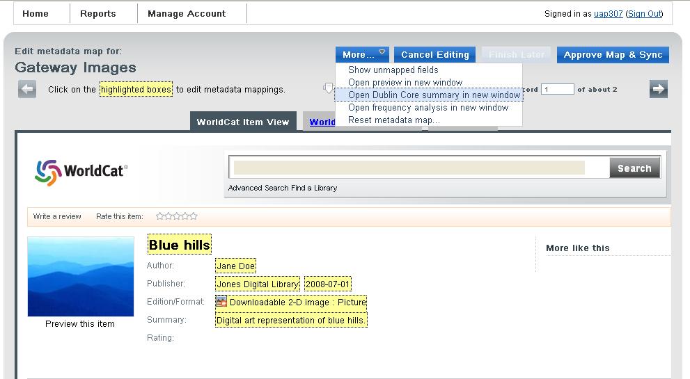 Figure 48: Open Dublin Core summary in new window Figure 49: Default view of the Dublin Core Summary This informational tool displays a list of the metadata elements used in this