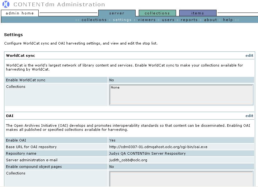 Section 3: Enabling WorldCat Sync from CONTENTdm Administration To enable WorldCat Sync in CONTENTdm Administration, you must have server permissions to add collections, delete collections, or