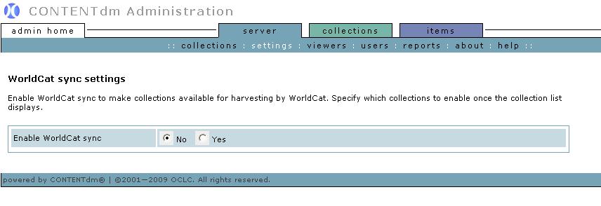 Figure 4: Enable WorldCat sync 2. Click Yes to enable WorldCat Sync. A list of collections displays.