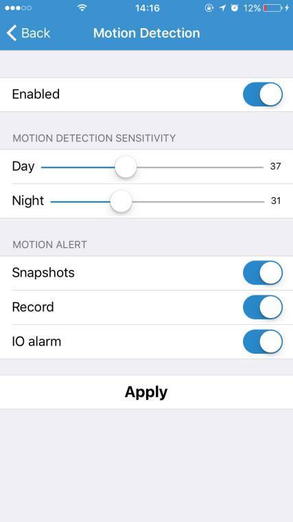 tab to determine how sensitive the camera is when it comes to sensing motion. You can change the sensitivity settings for day and night operation separately to improve motion detection.