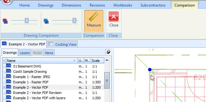 Take-off Measurement in Comparison View Point Mode can be used to measure whilst in the Comparison View when comparing 2D drawings by objects,
