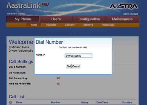 AastraLink Pro 160 IP Phone User Guide Managing Calls Calling Back from the Call List You can call back a missed or previous call by clicking on column in the Call List.