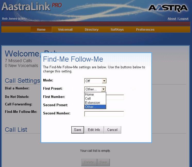 AastraLink Pro 160 IP Phone User Guide Managing Calls Enabling Find-Me Follow-Me Find-Me Follow-Me is disabled by default.