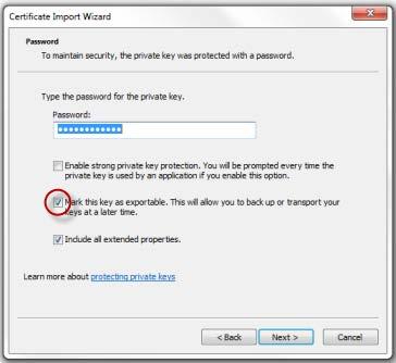 10. On the Password page: a. Specify a password. It can be different from the passphrase you specified earlier. b. Select or deselect Enable strong private key protection, as desired. c. (Highly recommended.