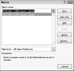 Macro Basics 693 Excel then opens the Macro dialog box, which is similar to the one shown in Figure 1-3.