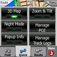 4.7.2 Quick tab This provides quick access to some configurable options. 4.7.2.1 3D Map When the green light is on, the map shows a perspective view.